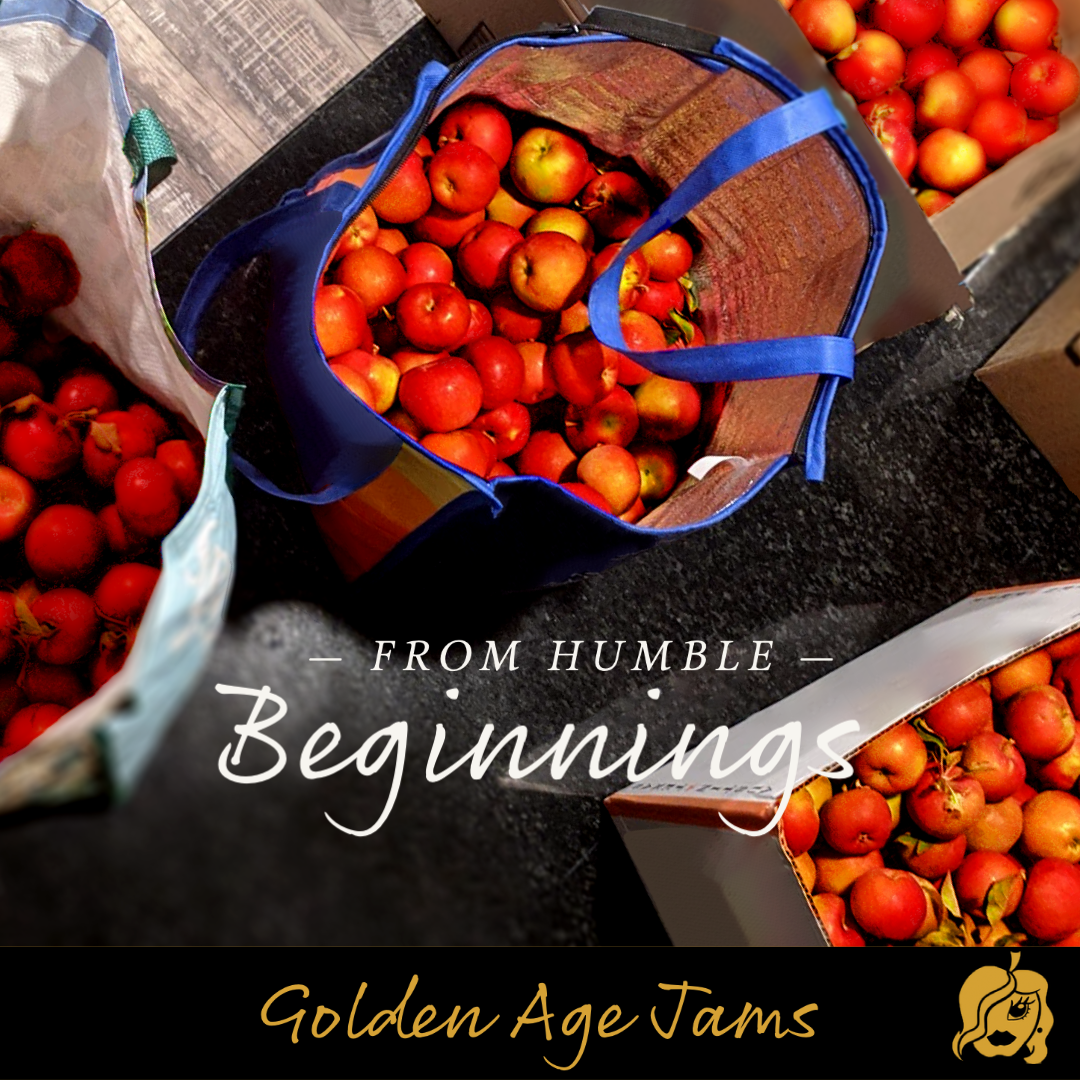 Illustration of Golden Age Jams' humble beginnings, showing a small kitchen and bags of freshly picked apples