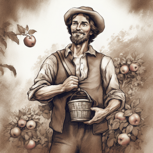 A vintage illustration of Johnny Appleseed walking through a field with a basket of apple seeds slung over his shoulder.