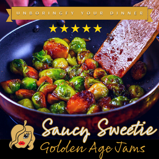 Golden Age Jams Saucy Sweetie Apple Butter-glazed Brussels sprouts sizzling in a pan on a stovetop, stirred with a wooden spatula, with caramelized edges and tender centers.