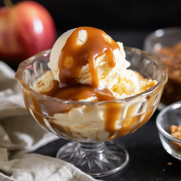 Vanilla ice cream topped with a spoonful of Golden Age Jams apple butter, creating a golden-hued drizzle on top of the creamy white surface